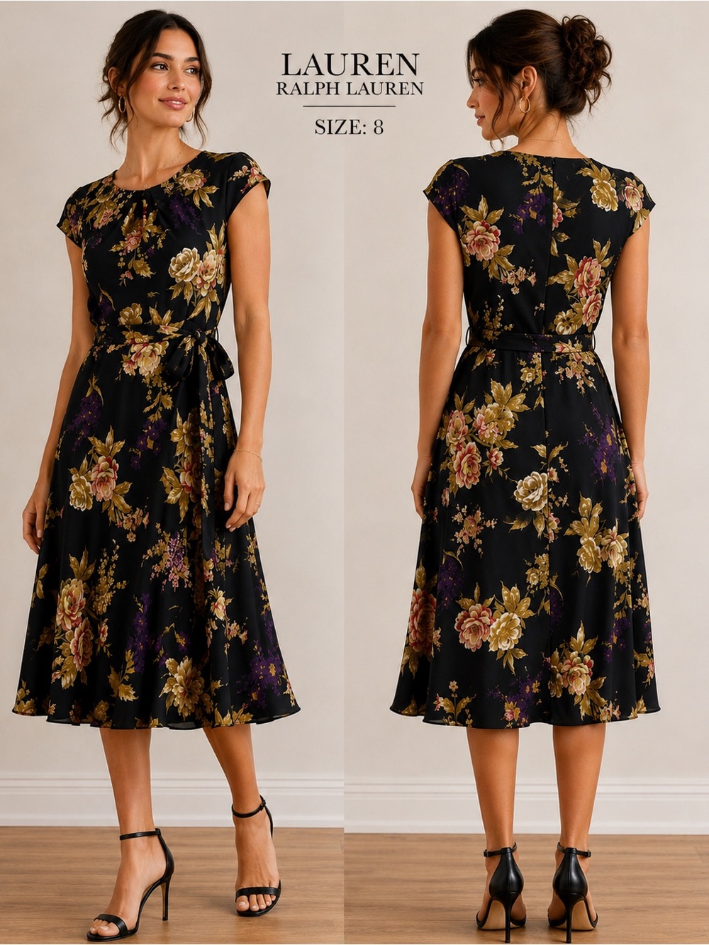 NWT Lauren Ralph Lauren Black Floral Midi Dress Size 8 Tie Waist Occasion Dress